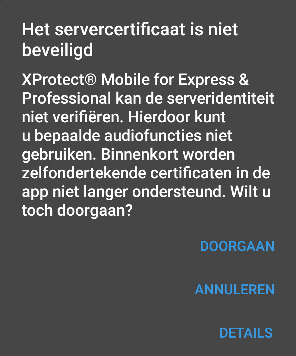 App Servercertificaat is niet beveiligd